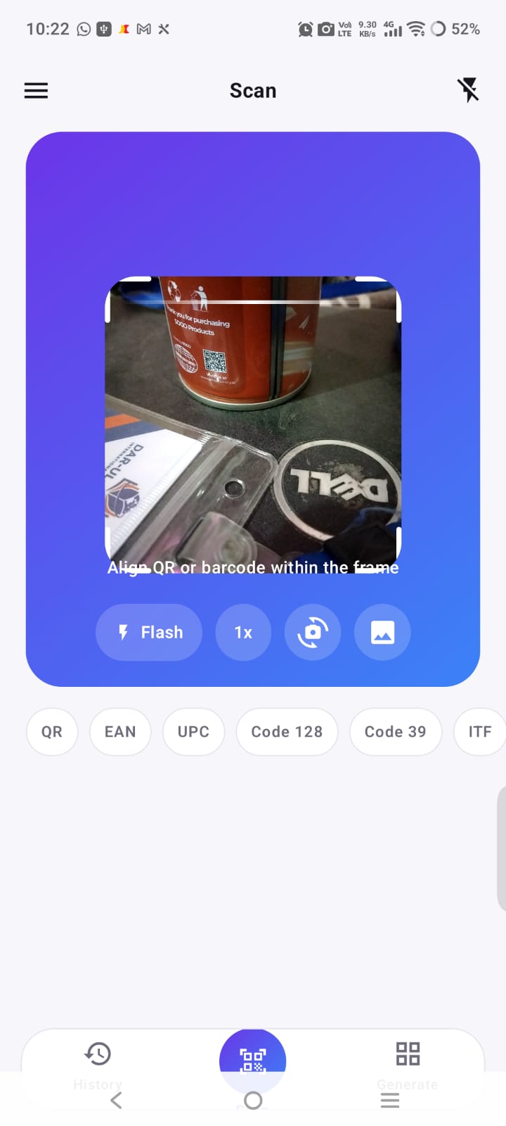 Panther Barcode Reader for Android: the camera scan screen with barcode format filters